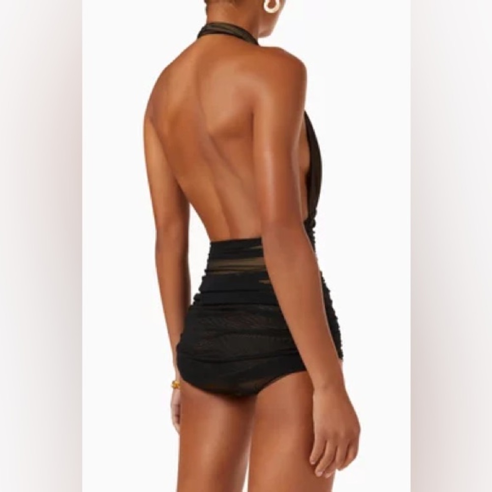 Norma Kamali Brown One-Piece Bill Ruched-Mesh Halter Maillot Swimsuit - Picture 5 of 8